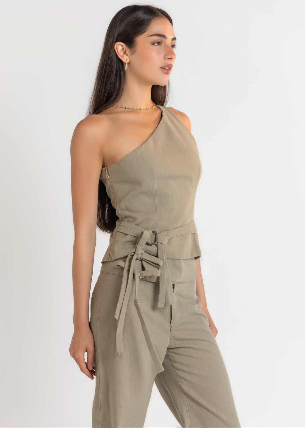 Khaki Linen One Shoulder Top