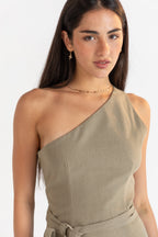Khaki Linen One Shoulder Top