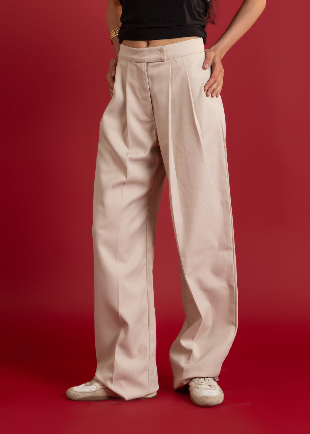 Person wearing beige wide-leg pants on a red background