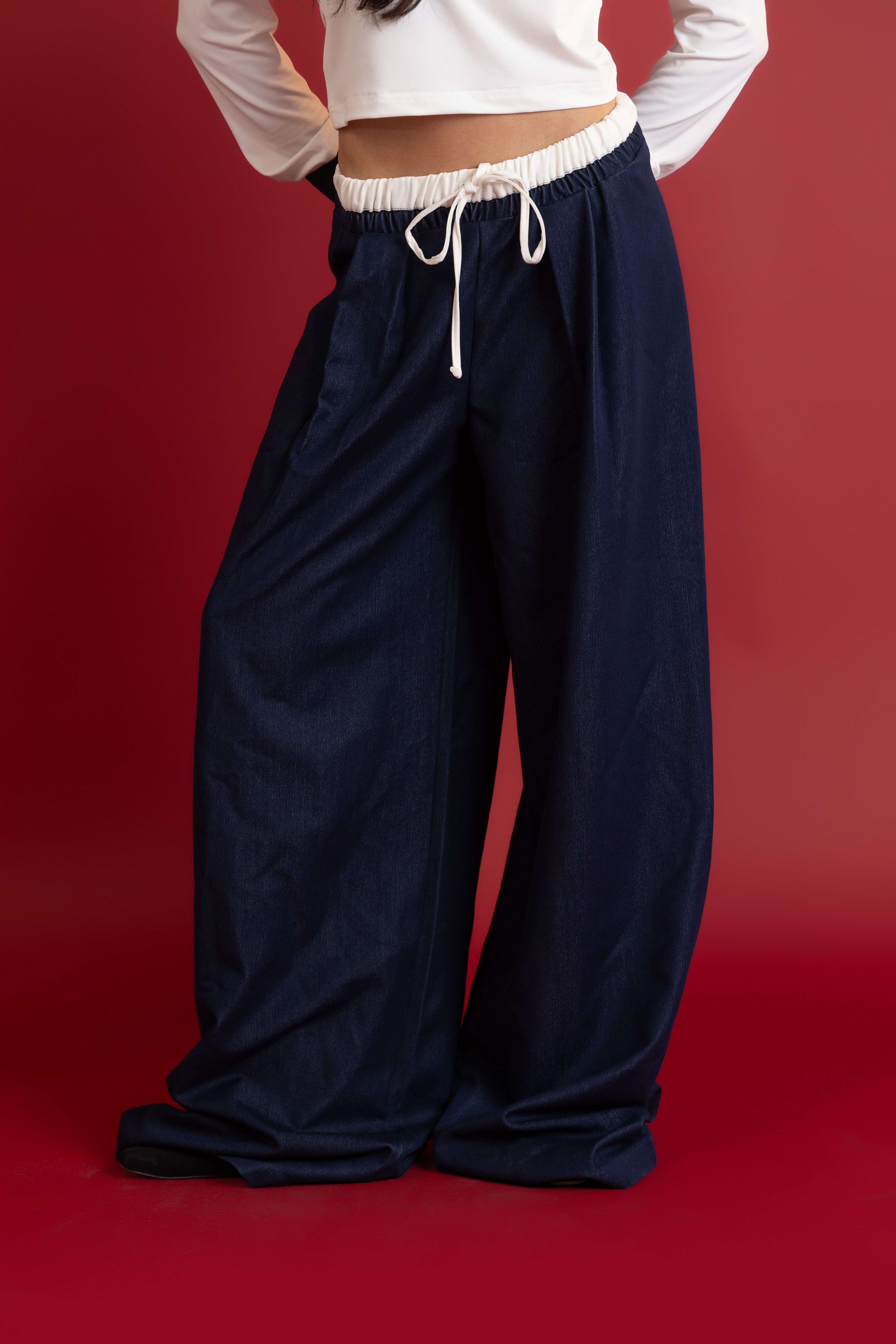 Navy wide-leg pants worn by a person on a red background